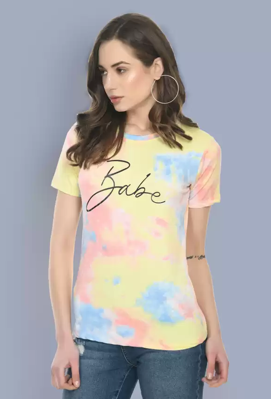 Women's Round Neck Cotton Half Sleeve Multicolor Babe Logo Printed T-Shirt