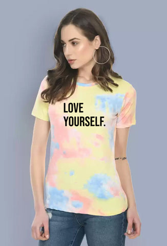 Women's Round Neck Cotton Half Sleeve Multicolor LoveYour-Self Logo Printed T-Shirt