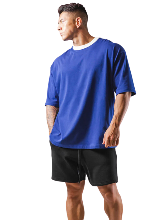 Drop Shoulder Loose Fit Blue Cotton T-Shirt