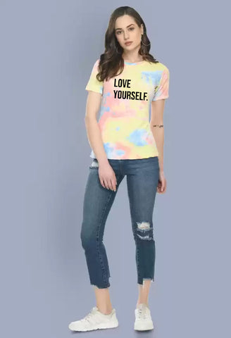 Women's Round Neck Cotton Half Sleeve Multicolor LoveYour-Self Logo Printed T-Shirt