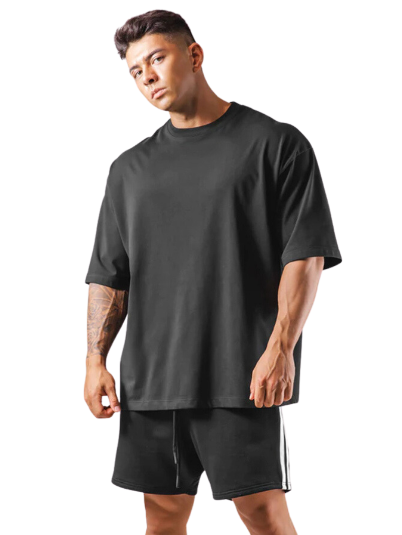 Drop Shoulder Loose Fit Black Cotton T-Shirt