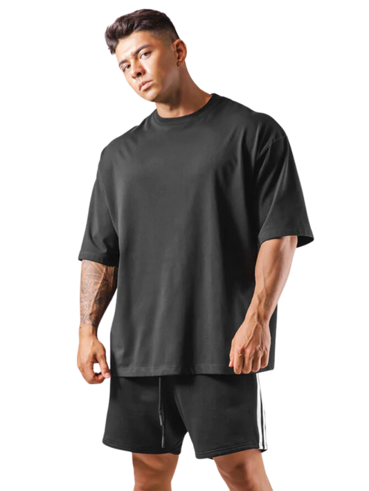 Drop Shoulder Loose Fit Black Cotton T-Shirt