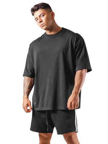 Drop Shoulder Loose Fit Black Cotton T-Shirt