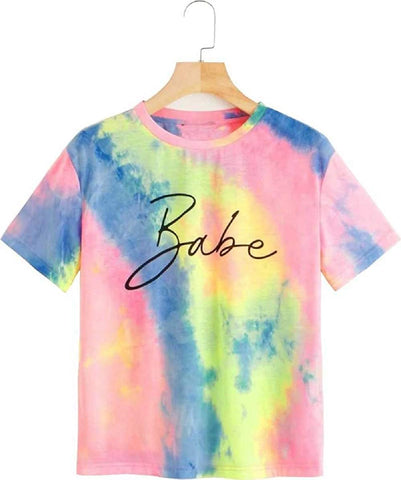 Women's Round Neck Cotton Half Sleeve Multicolor Babe Logo T-Shirt