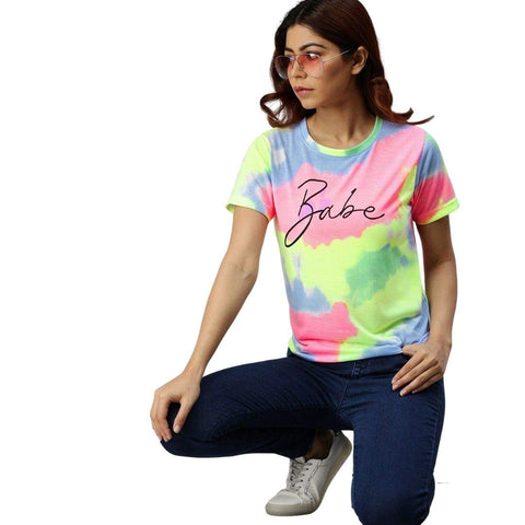 Women's Round Neck Cotton Half Sleeve Multicolor Babe Logo T-Shirt