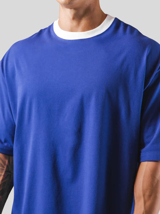 Drop Shoulder Loose Fit Blue Cotton T-Shirt