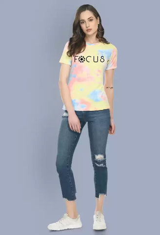 Women's Round Neck Cotton Half Sleeve Multicolor Focus Logo Printed T-Shirt